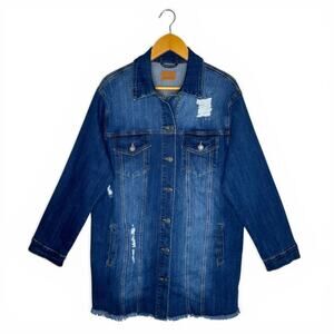 Judy Blue Women's Distressed Mid Length Jean Jacket Size L Blue Denim Jacket